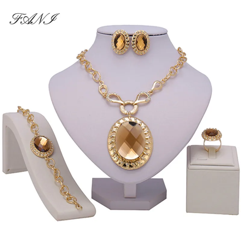 

Fani African beads Jewelry Sets Women Costume Dubai Gold-color Brand Jewelry Set wholesale Wedding Bridal Accessories Crystal