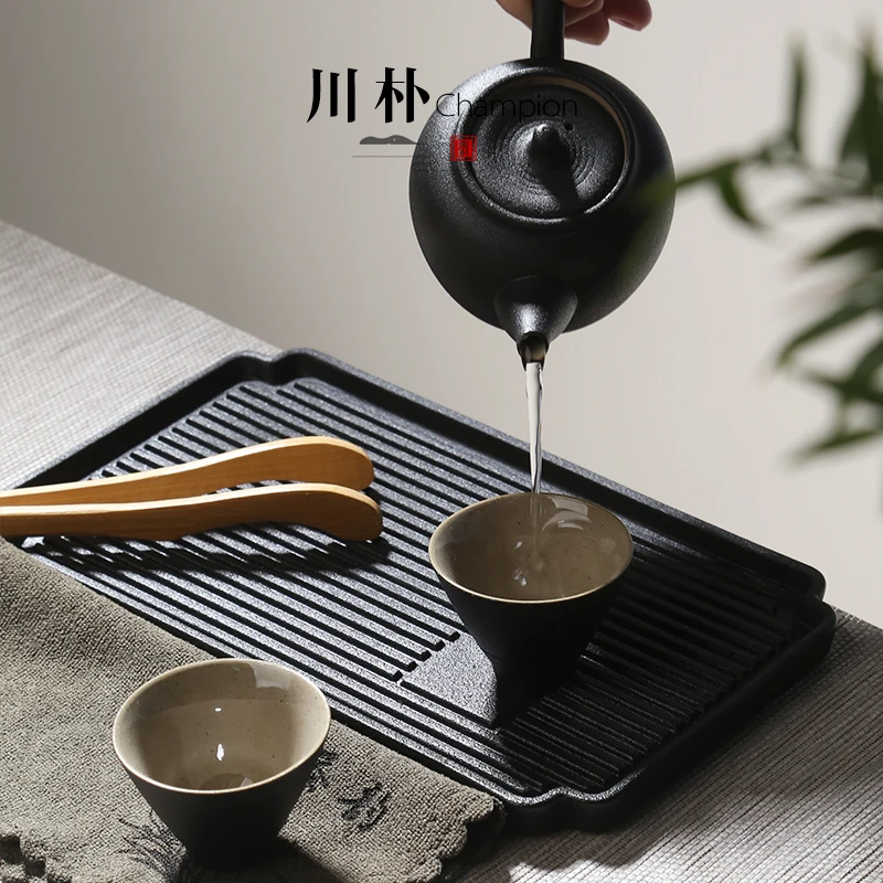 Japanese black pottery portable travel tea set Kung Fu tea suit with teapot teacup tray high grade