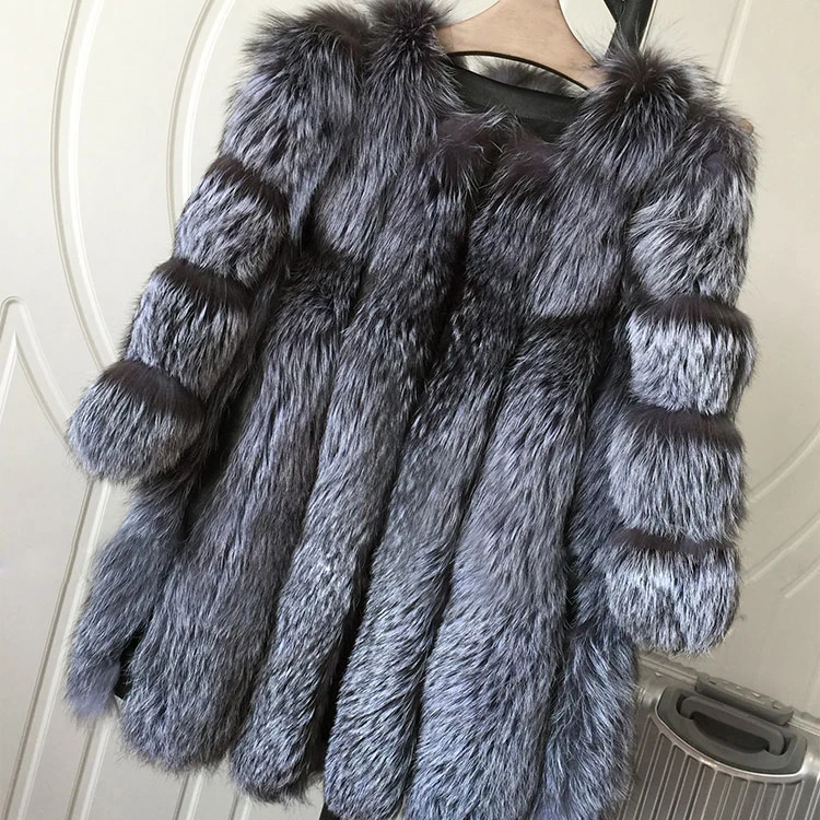 100% настоящая роскошь Silver Fox Мех животных пальто длинные настроить большой