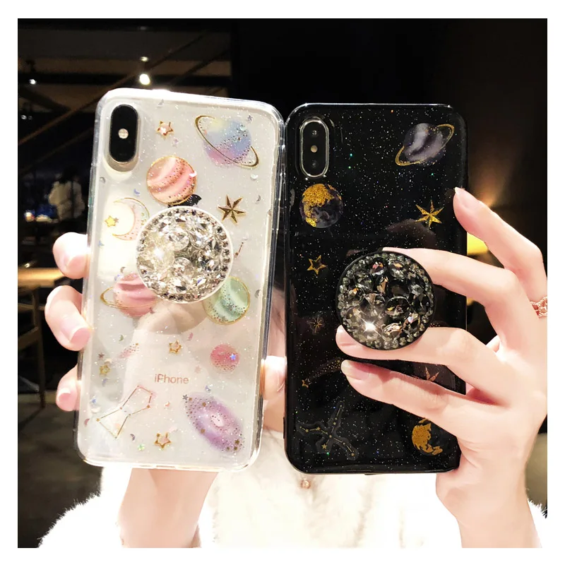 

Space planet Bling Diamond Holder Bracket Soft Case Cover For iphone X XS MAX XR Epoxy case For iphone 6 6S Plus 7 8 phone case