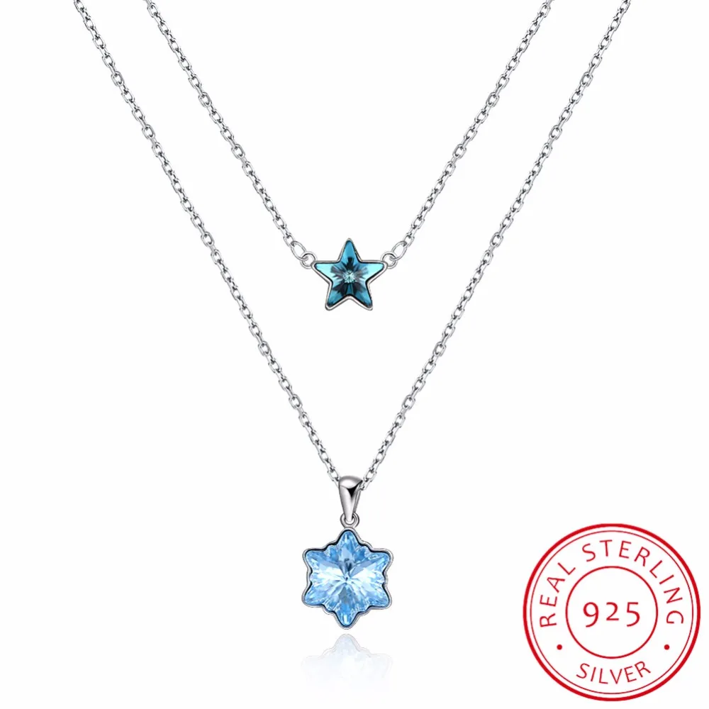 

LEKANI Trendy Crystals From SWAROVSKI Snowflake Star Pendants Necklaces Real S925 Silver Double Chains Collier For Women Wedding