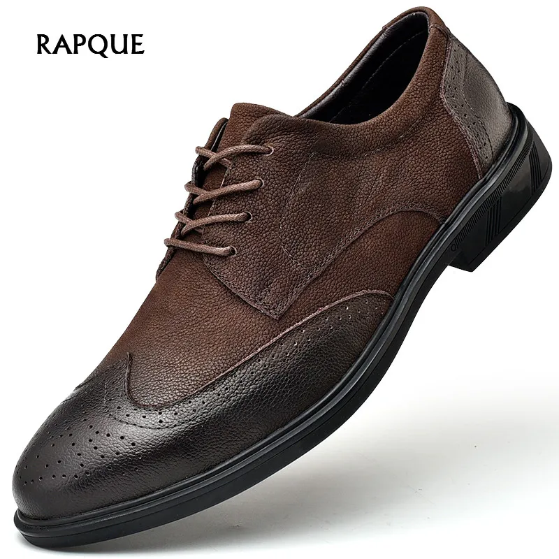 

Brogue Cow genuine leather shoes men high quality mens shoes casual Lace-Up business Formal footwear rubber sole non-slip black