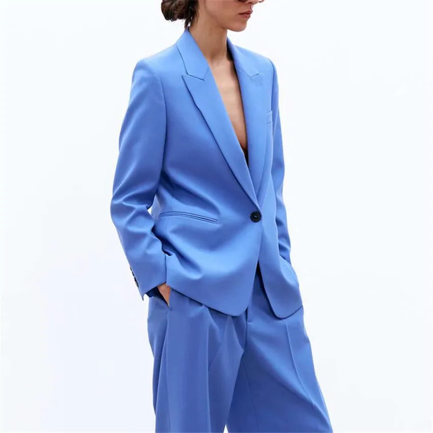 Женский элегантный синий Блейзер на одной пуговице с карманами и длинным рукавом, женские повседневные пальто, офисная одежда, верхняя одежда, шикарные топы