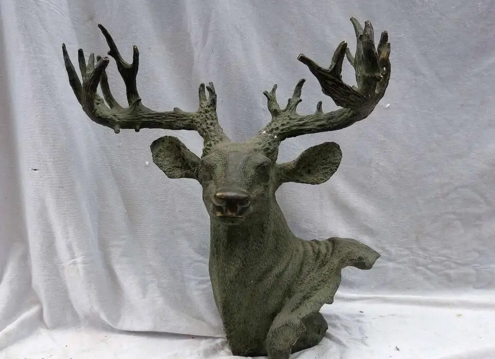 15" China bronze carved beautiful fine sika deer head Sculpture Statue