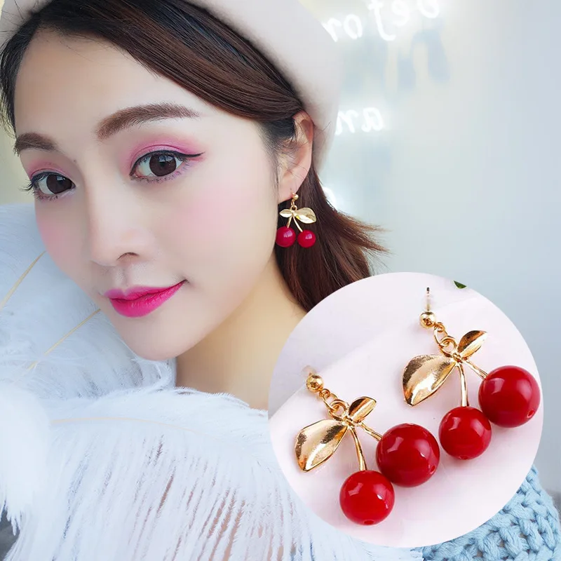 

Korean fashion jewelry zinc alloy cute cherry size beads fruit red earrings gift wholesale Earings Fashion Jewelry 2018
