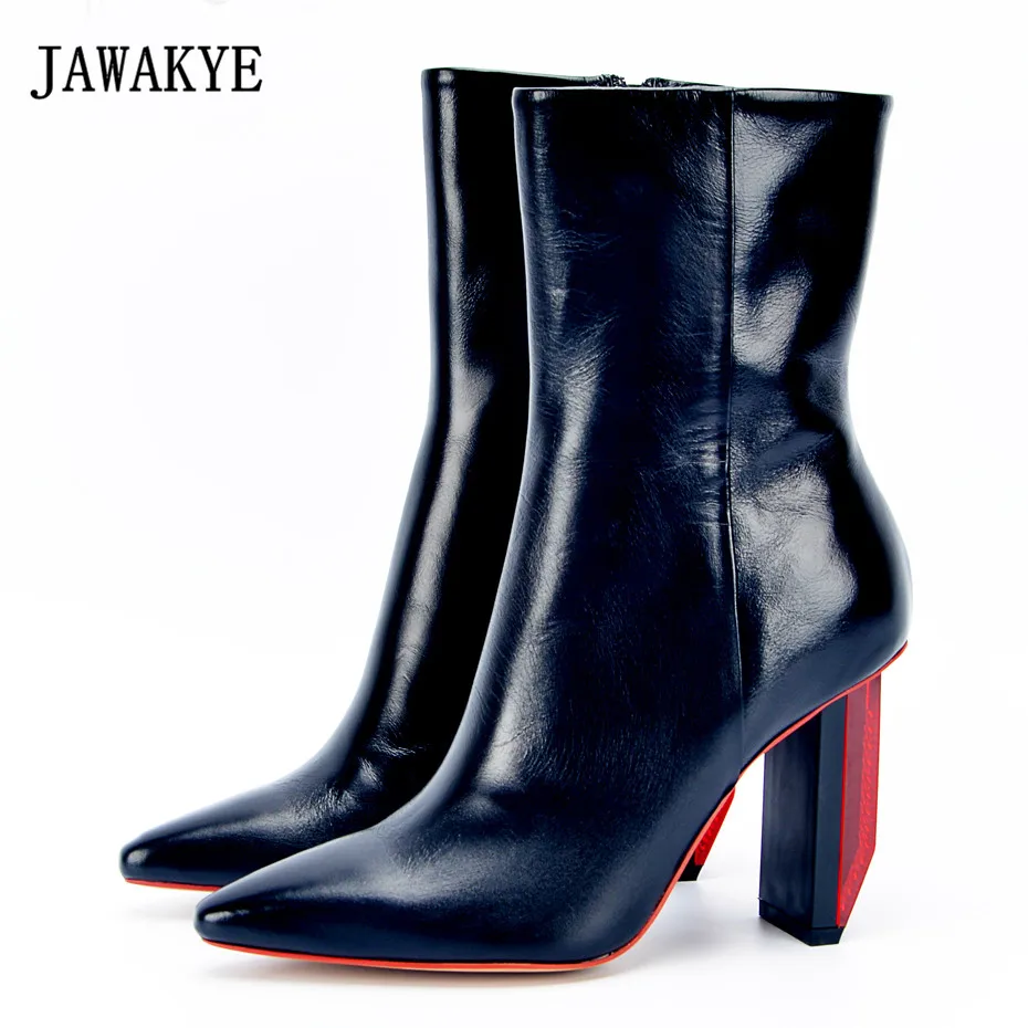 

JAWAKYE Special light Heel Leather Ankle Boots Women Pointy red High Heels Autumn Winter Shoes Gladiator Short Boots for Women