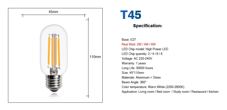 KARWEN 10 шт. светодиодный лампочка из стекла E27 Светодиодный светильник T45/T110 2 Вт 4 Вт 6 Вт светильник в форме свечи AC220V светодиодный лампочка эдисона Ретро светодиодный лампочка из стекла