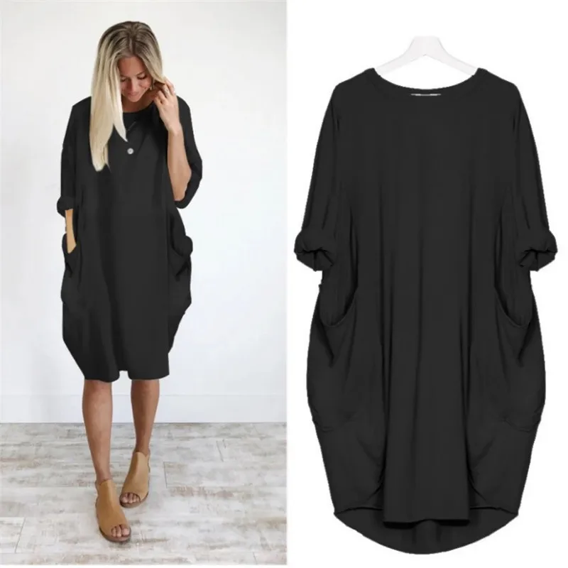 

Plus Size Boho Womens Dress Ladies Casual Pocket Loose Dress Crew Neck Mini Tops Dress female vestidos verano 2019 New