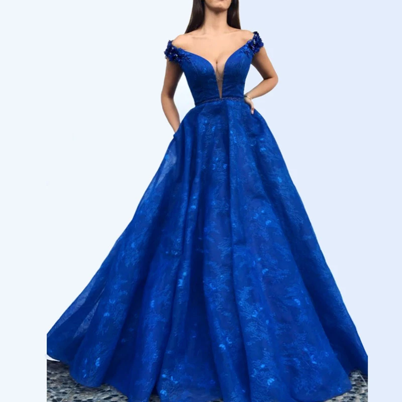

A-Line Sexy V-Neck Royal Blue Lace Evening Dresses 2019 Dubai Formal Sleeveless Prom Party Dresses Abendkleider 2019