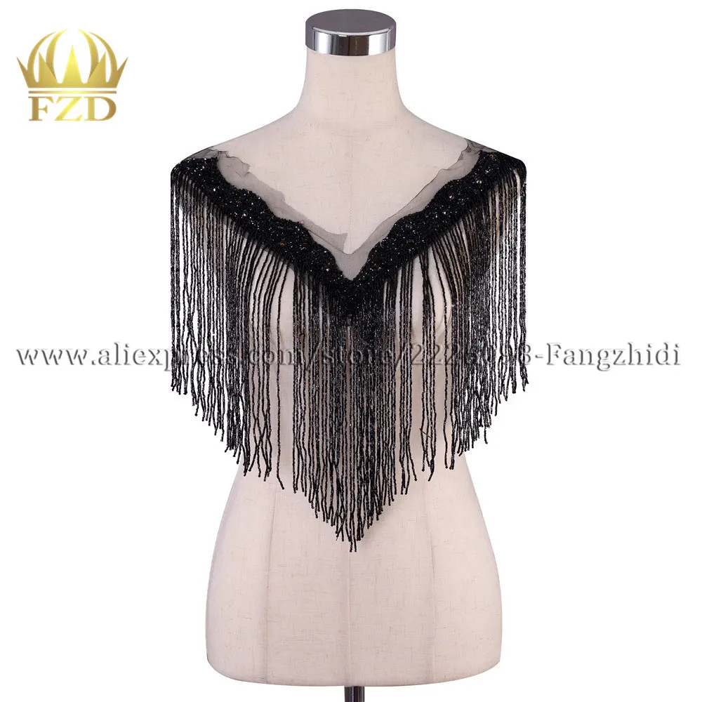 

FZD 1 Piece Handmade Sew On Rhinestone Black Patch Tassels Bodice Applique Bodices Trimming for Wedding Ball Gown Dress DIY