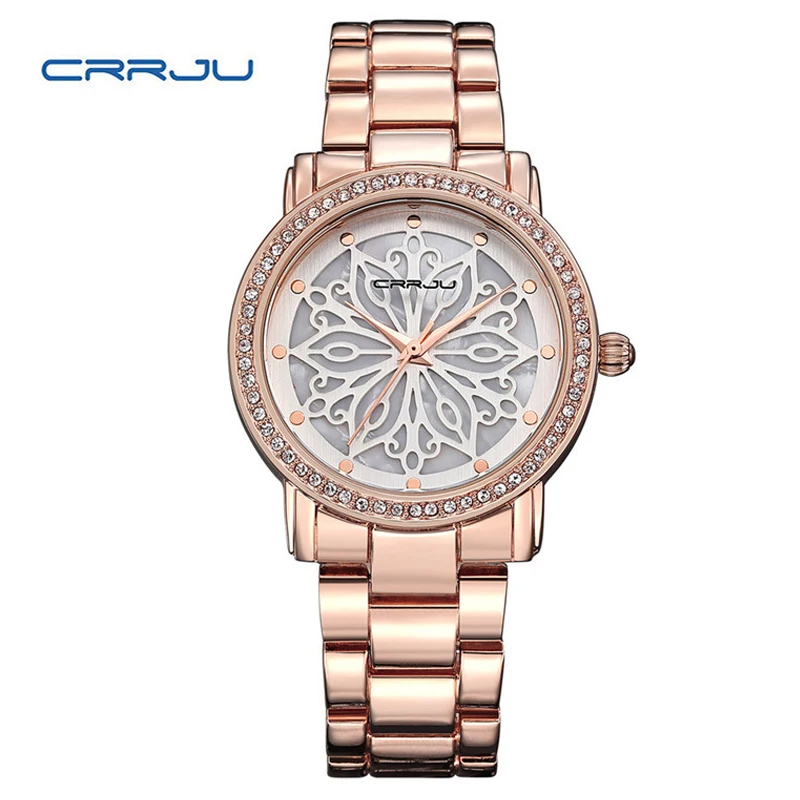 

Women's Waterproof Quartz Watch CRRJU Luxury Fashion Crystal Rhinestone Dial Rose Gold-Tone Ladies Dress Watches Casual Trend