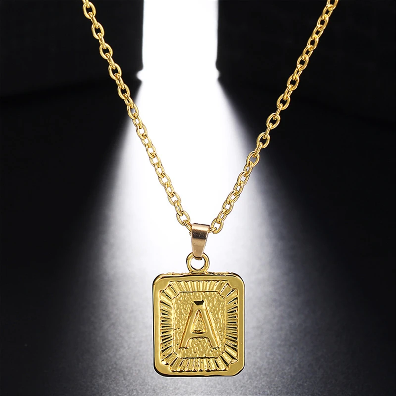 Fashion Stainless Steel A-Z Letter Necklaces for Women Gold Color Rectangle Pendant Name Necklace Jewelry C25