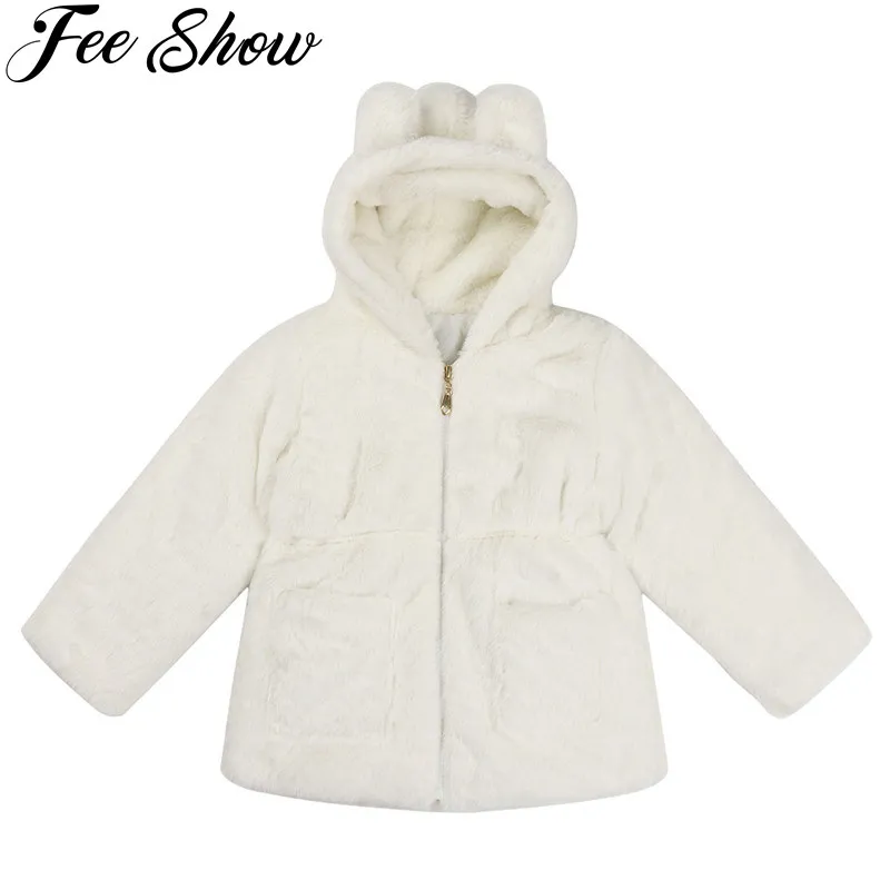 Белое пальто с капюшоном и длинными рукавами из искусственного меха для маленьких девочек 18 мес.-10 лет, осенне-зимняя теплая детская куртка, верхняя одежда, детская одежда, топы для детей