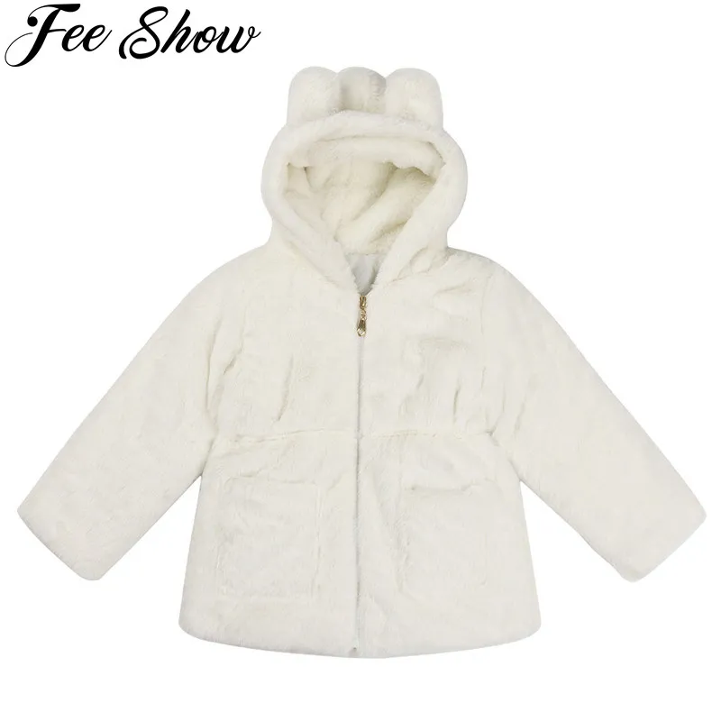 18M 10Y White Baby Girls Faux Fur Long Sleeve Hooded Coat Autumn Winter