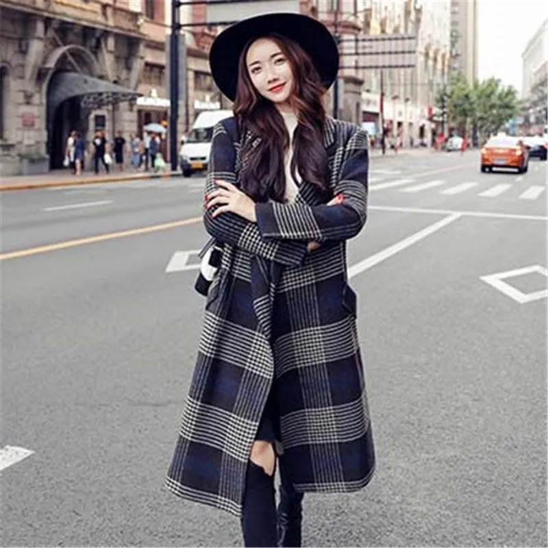 

2019 New Casual Loose Plaid Trench Coat Female Long section Korean Spring Autumn Women's Woolen Coats X352