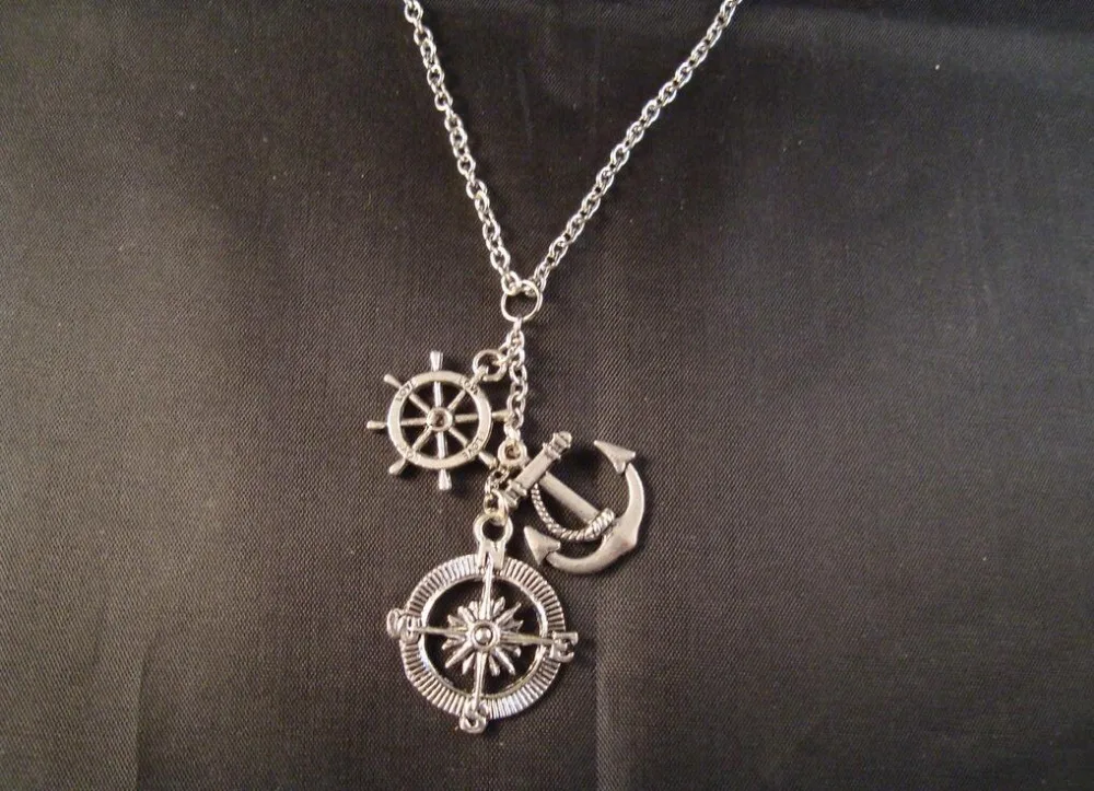 Nautical Compass Rudder Anchor Wheel Charms Pendants Necklace Fashion Vintage Silver Protection