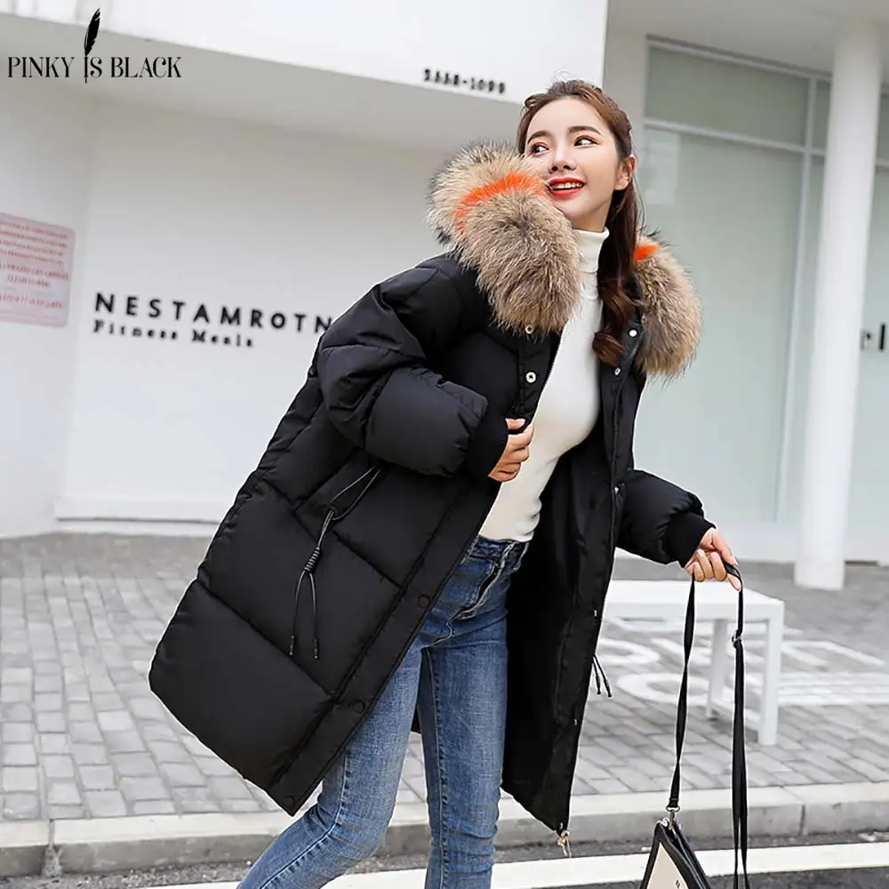 PinkyIsBlack/ Длинная зимняя куртка для женщин, большое меховое пальто с капюшоном, утепленные парки, верхняя одежда, модное свободное зимнее пальто - Цвет: Черный