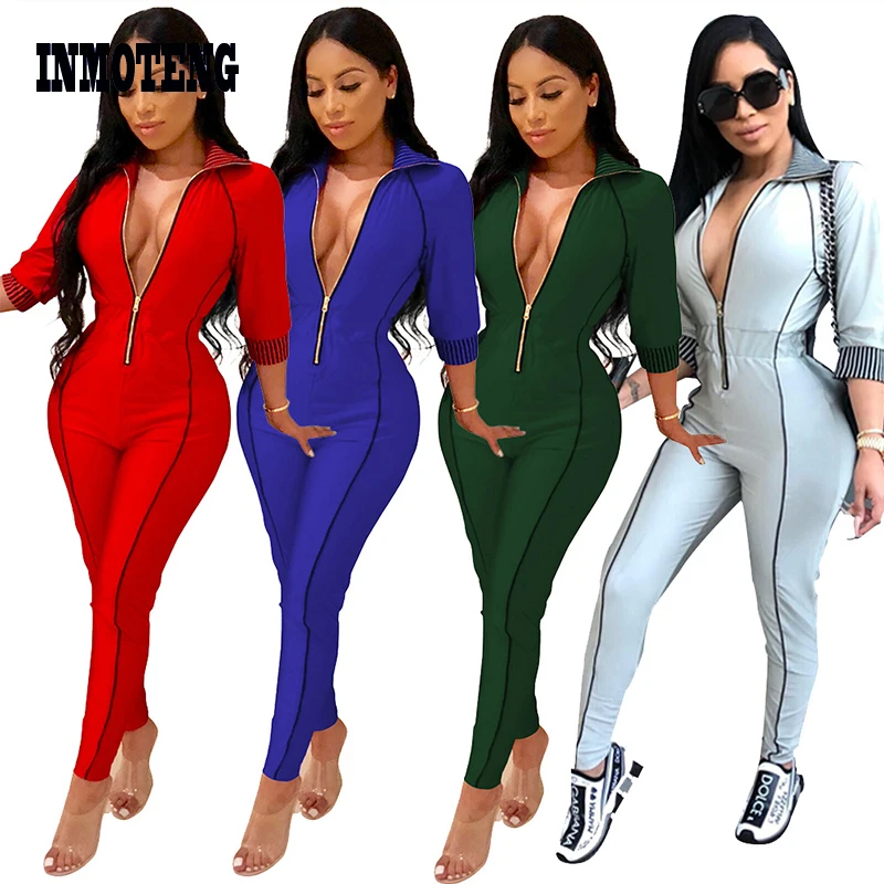 enteritos mujer Plus Size Jumpsuit Women Sexy Zipper Front V Neck Sheath Bodycon 3/4 Sleeve Solid Rompers Female Body Overalls