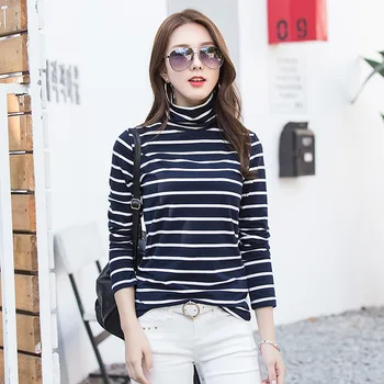 

Korean Style New 2018 Spring Women Fashion Loose Turtleneck Long Sleeve Cotton Striped T Shirt Tops Ladies Cute Soft Shirts Tees