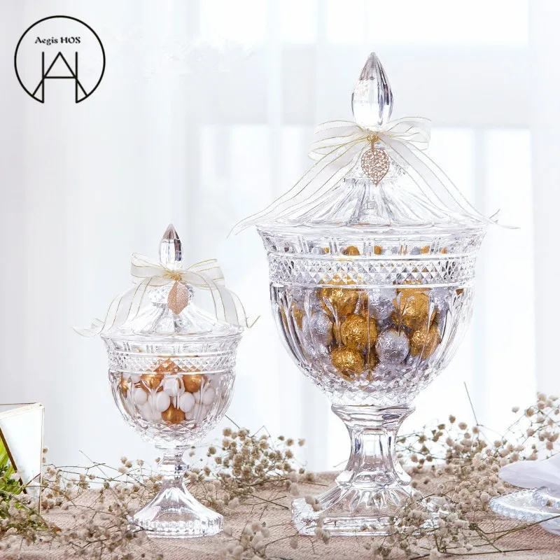 New high-end candy cans hotel wedding dessert storage pavilion table table window decoration high-foot cover glass jar ornaments