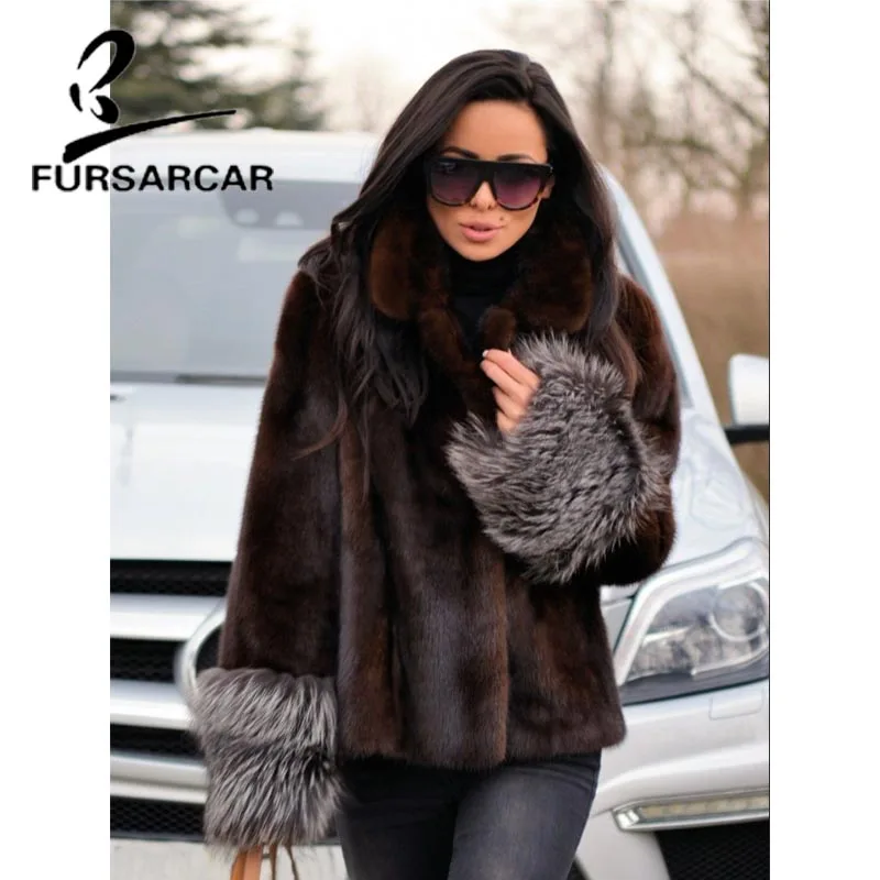 Женская короткая шуба из меха норки FURSARCAR натуральной кожи с манжетами