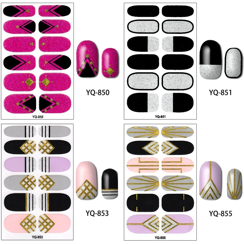 Блестящие наклейки для ногтей YQ с серебряным блеском, 28 дизайнов, 1 шт., полное покрытие, украшение для дизайна ногтей для женщин, инструмент для маникюра, наклейка для красоты