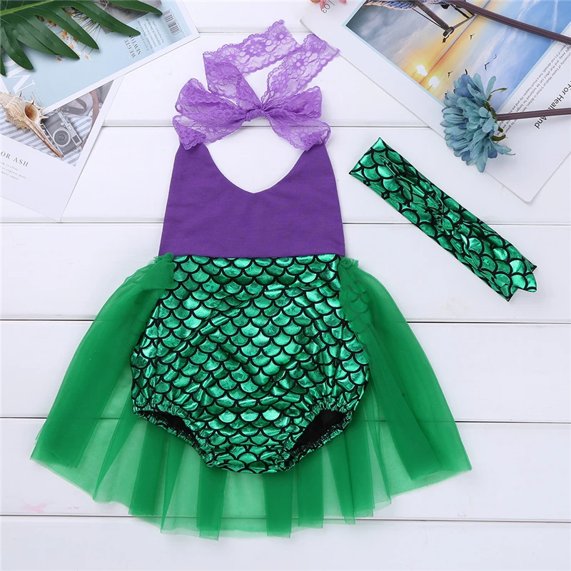 Recién Nacidos bebé Niñas Ropa sirena Cosplay Tutu Fancy Party Body para Bebe encaje correas Halter Romper con la venda Recién Nacidos bebé Niñas Ropa sirena Cosplay Tutu Fancy Party Body para Bebe encaje correas Halter Romper con la venda