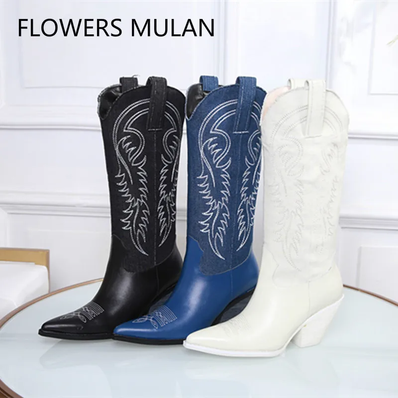 

2018 Slip On Women Boots New Autumn Winter Genuine Leather Mid Calf Boots Chunky High Heels White Red Blue Women Shoes