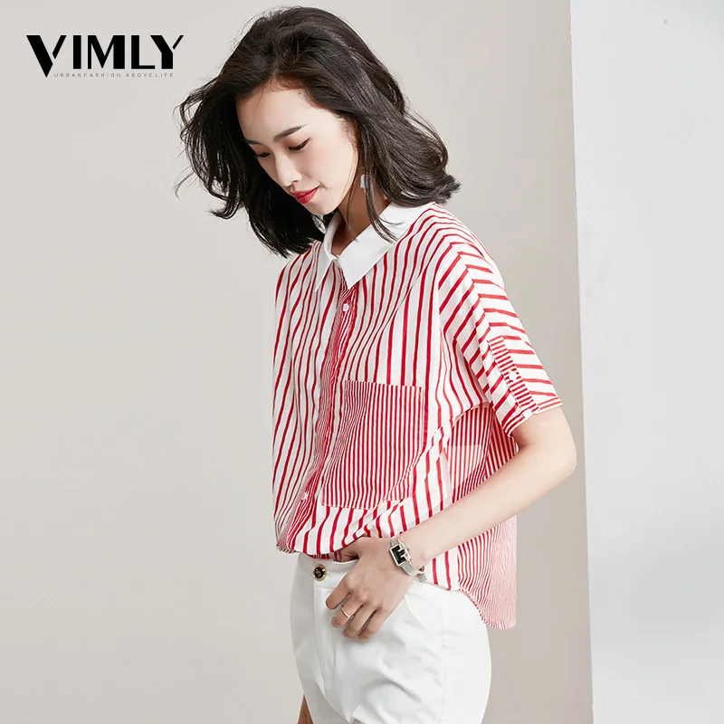 Vimly Women Striped Blouse Shirt Casual Summer Red Blouse Shirts Cotton Office Tops Street Wear High Street Style Button Pocket