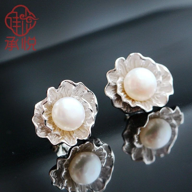 

925 sterling silver with natural pearl earrings Allergy stereoscopic flower earrings