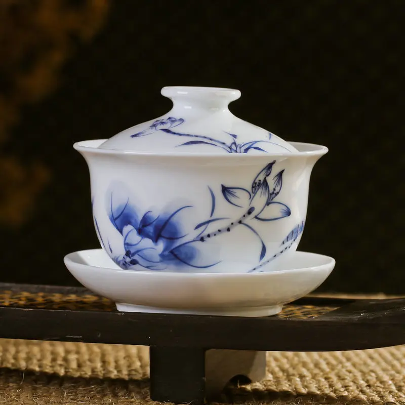 Синий и белый фарфор Чай чашки/Gaiwan с традиционной китайской расписанную лотос живопись cn-01-10