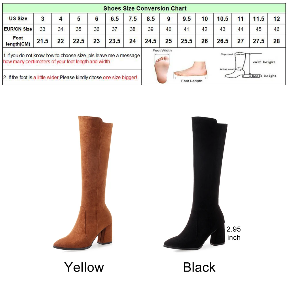 Meotina/зимние сапоги до колена женские сапоги на толстом высоком каблуке ботинки с острым носком женские высокие сапоги на молнии черные, коричневые, большие размеры 33-46