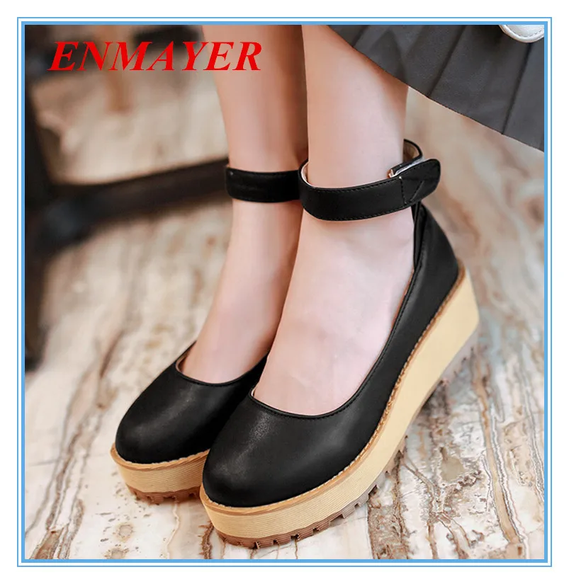 

ENMAYES  solid grade PU plain  nice Platform flats round toe Hook & Loop  women  flats  comfortable soft leather shoes for women