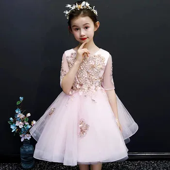 

High Quality Children Baby Sweet Nice Pink Color Embroidery Flowers Birthday Wedding Party Dress Infant Girls Host Piano Dress