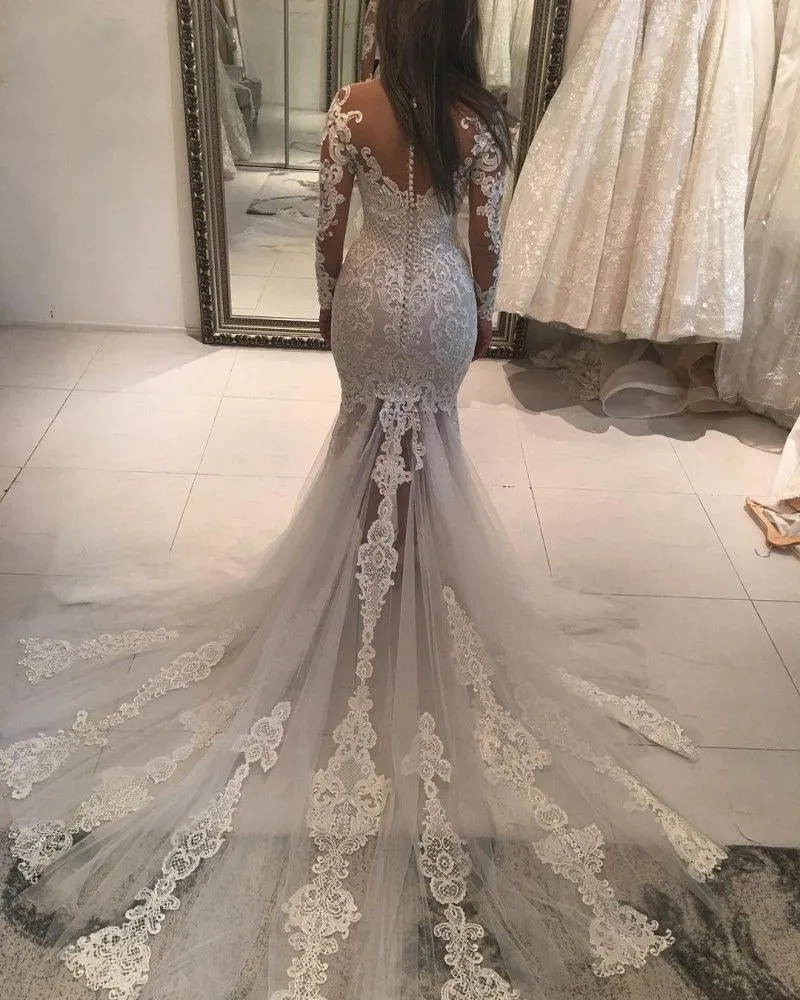 Кружева с длинным рукавом свадебное платье-Русалка свадебное платье Vestido De Noiva Тюль с аппликацией и жемчужинами сексуальное кружевное свадебное платье