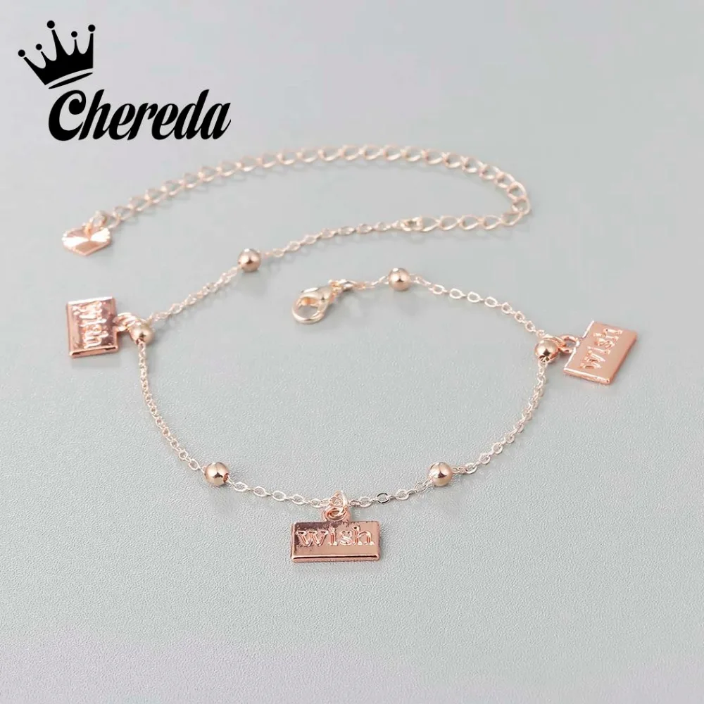 

Chereda Rose Silver Color Charm Letter Jewelry For Women WISH Luckly Girl Anklets Simple Design Personality Bare Feet Deck