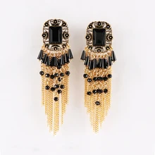 Черные, Кристальные, золотые, металлические цепочки, винтажные длинные серьги-клипсы с кисточками, без пирсинга, для женщин, вечерние, богемные, серьги-клипсы, ювелирное изделие