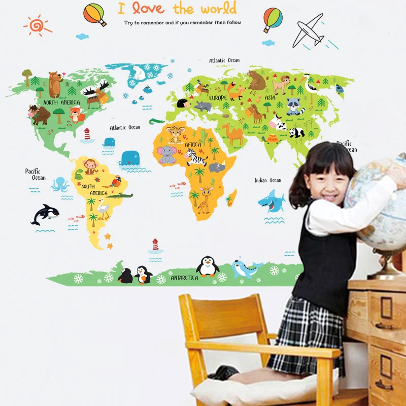 Мультяшная карта мира ПВХ DIY самоклеющиеся виниловые наклейки на стену для спальни домашний декор для детской комнаты художественная Наклейка на стену фреска