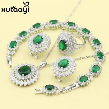 

XUTAAYI Fashion Silver Color Jewelry Sets For women Green Imitated Emerald Alluring Wedding Necklace/Rings/Earrings/Bracelet