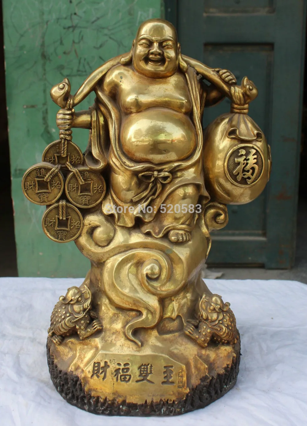 

17" Chinese Bronze Gilt Wealth Money Happy Laugh Maitreya Buddha Cicada Statue