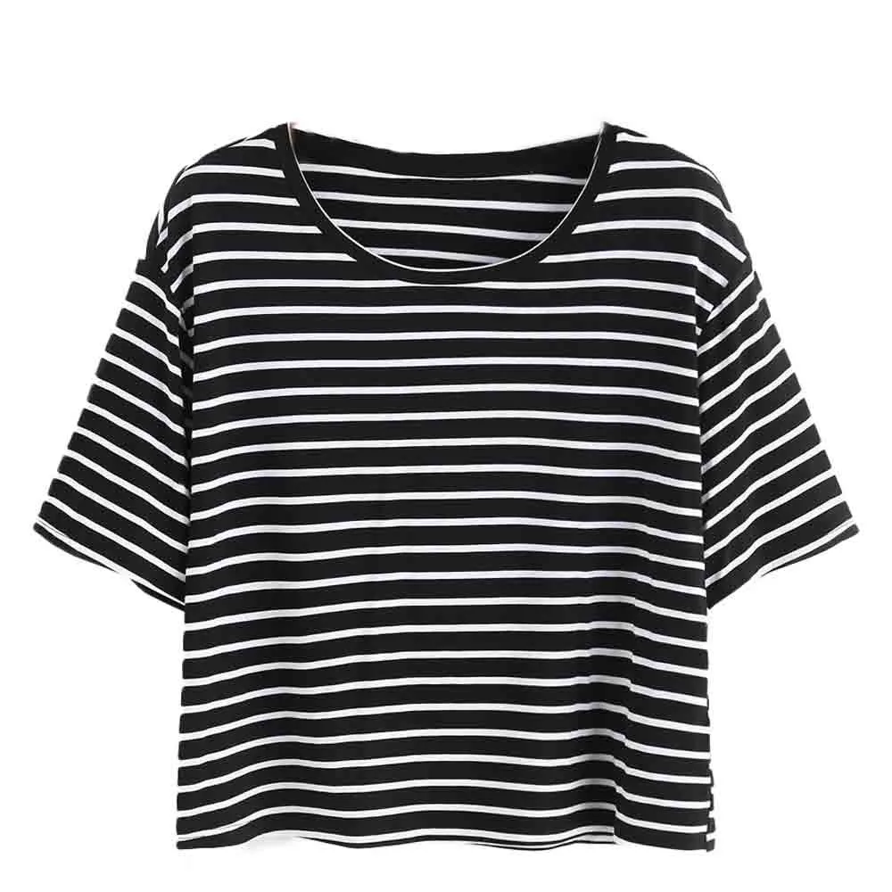 2018 Fashion Women feitong Tops Tees Black and White Striped Cotton ...