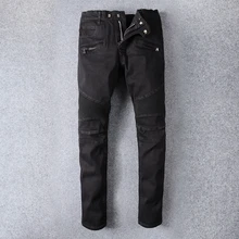 New Famous Brand Designer Rasgado Mens Motociclista Jeans 100% Algodão Preto Slim Fit calças de Brim Da Motocicleta Homens Do Vintage Calças Jeans Angustiados