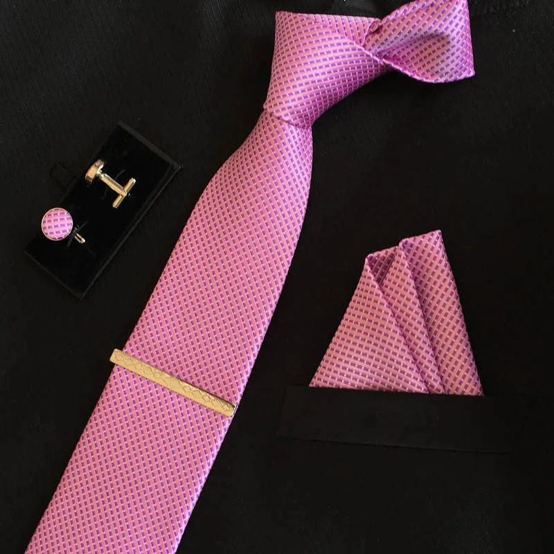 Высокое качество Мужские шелковые галстуки 8 см галстук и запонки и зажим для галстука+ носовые платки с 4 комплектами gravatas жаккард полосатый Свадебный Лот - Цвет: 11