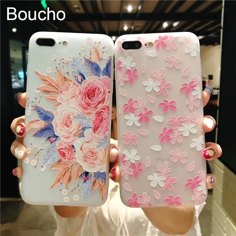 

Boucho Cute Cherry Floral Flower Phone Case For iphone 5 5s SE 6 6s 6plus 7 7plus 8 8plus X Soft TPU Back Cover Funda Shell