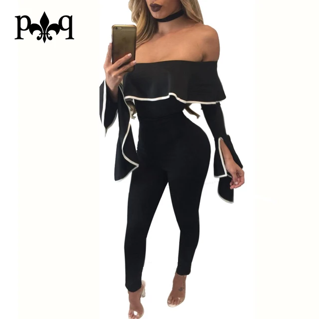 Off Shoulder Jumpsuit Long Sleeve Strapless Ruffles Sexy Overalls