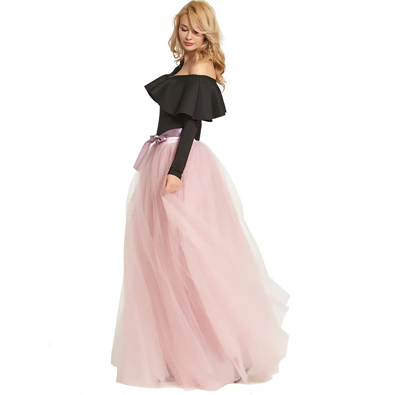 

WHZHM Long Tulle Skirt Womens 6 Layers 115cm Elastic Belt Tutu Skirts Adult Mesh Weeding Ball Gown Petticoat Skirts Lace Female