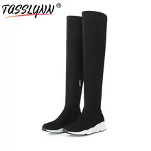 TASSLYNN/ г. Женские ботинки узкие сапоги выше колена из PU искусственной замши в Корейском стиле женская обувь из эластичной ткани на молнии, размеры 34-39