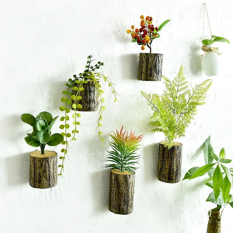 

Creative simple wall ornaments resin simulation tree stump pot with artificial flower planter decorated wall decoration