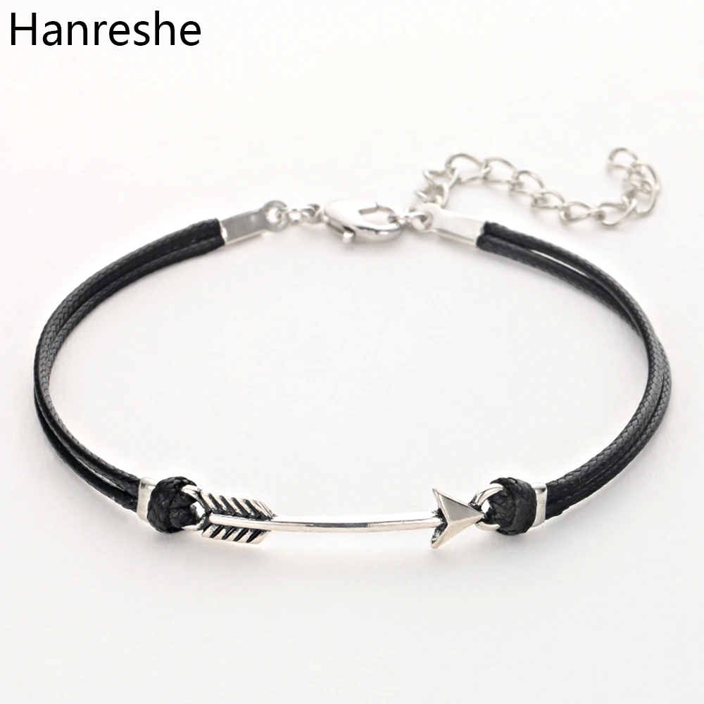 

HANRESHE 2018 New Arrival charm leather Antique Silver Arrow bracelet anchor bracelet for men women lovers' gift
