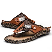 Brand Men’s Flip Flops Genuine Leather Luxury Slippers Beach Casual Sandals Summer for Men Fashion Shoes New 2018 Big Size 48